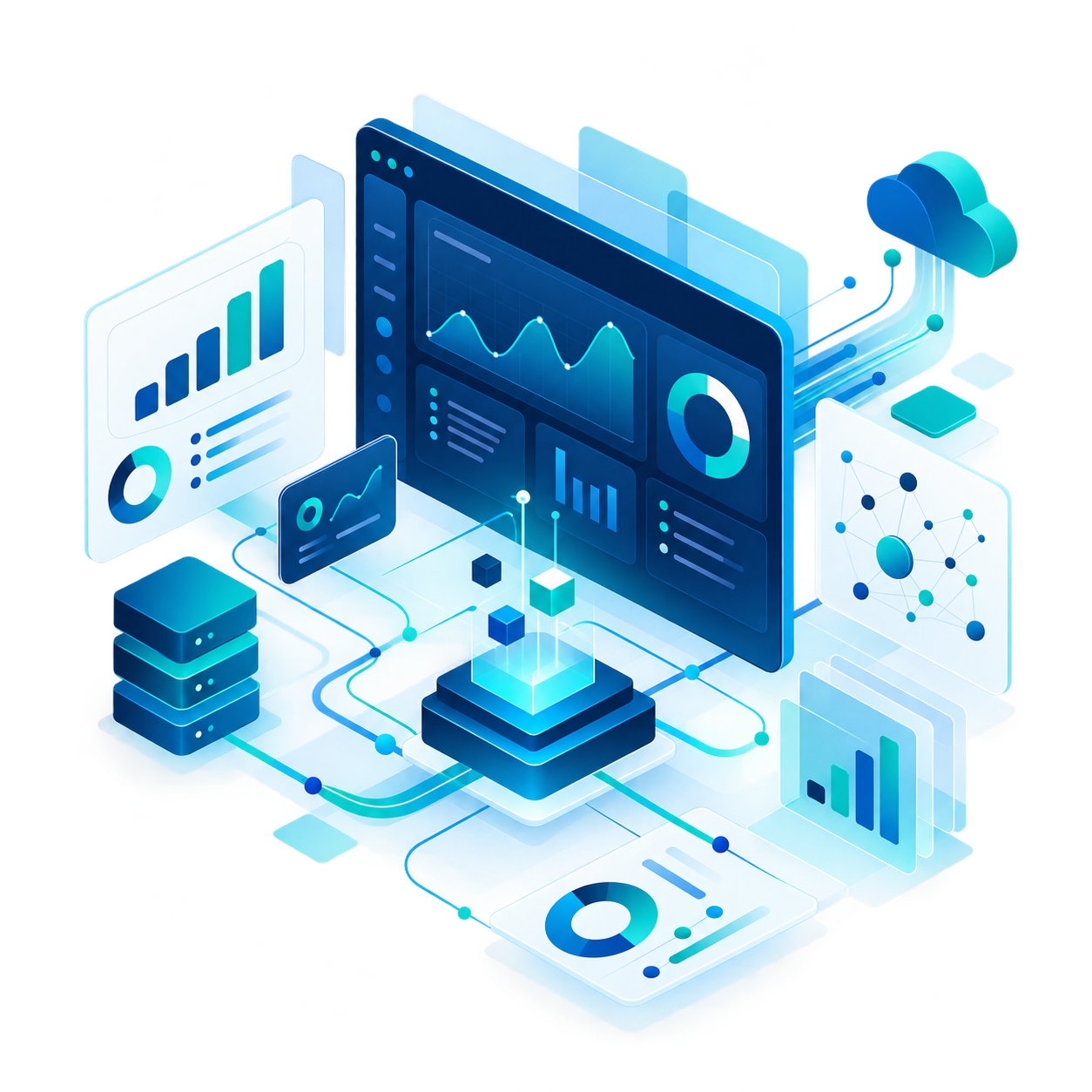 Composição visual institucional com dashboards, indicadores e fluxos de dados