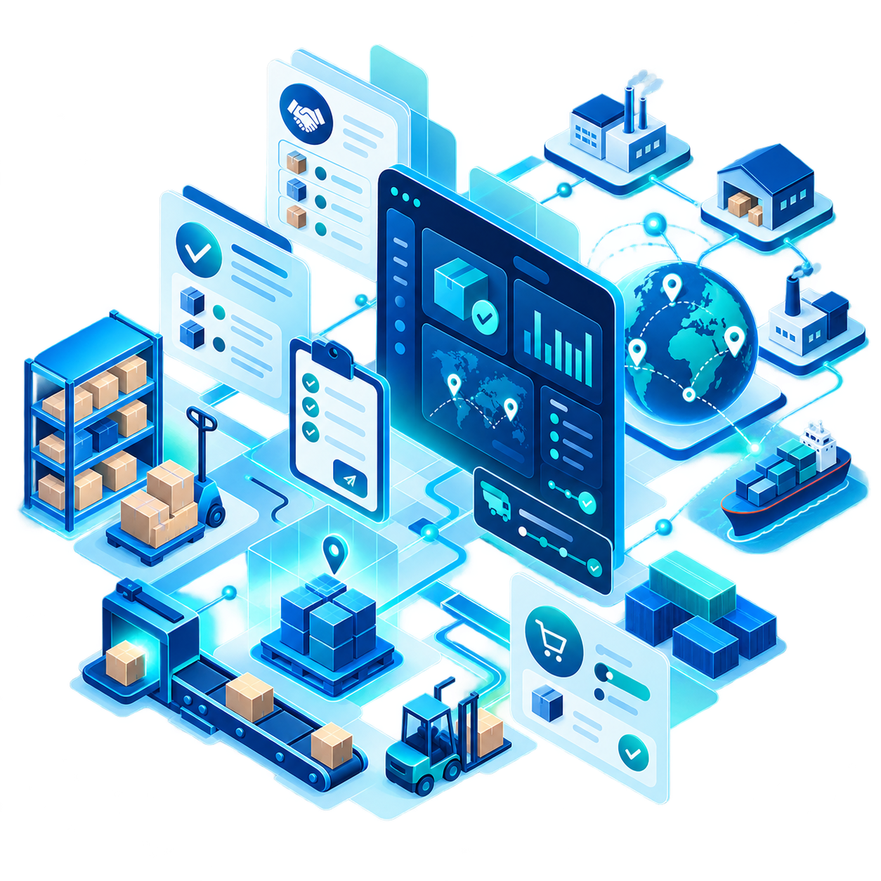 Ilustração do módulo de supply com armazém, logística e fornecedores